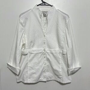 NEXX Button Down Womens XL White Pintuck Seersucker Stretch Cotton Top Vintage